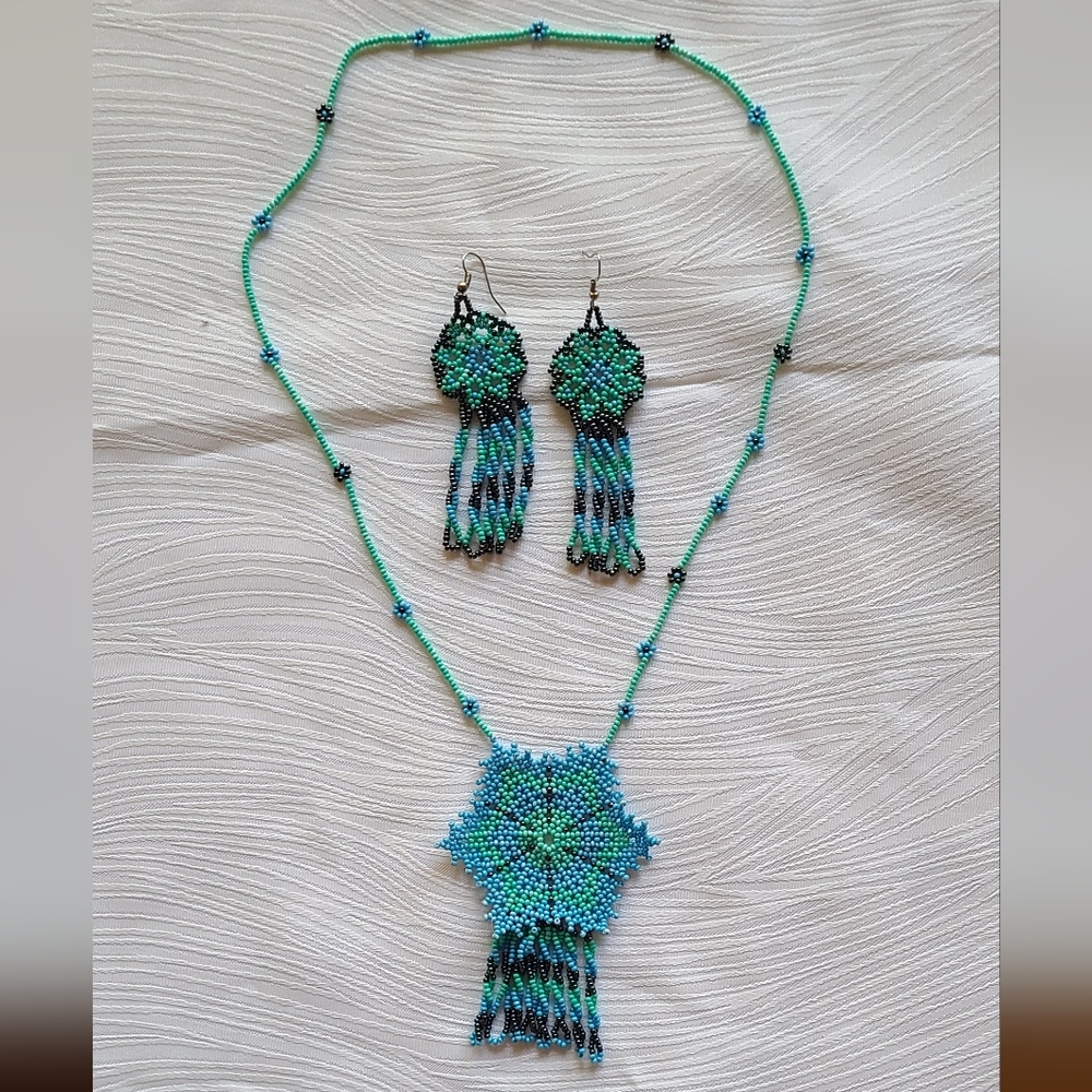 Handmade Huichol Elegant Beaded Necklace and Earring Set in Blue and Green